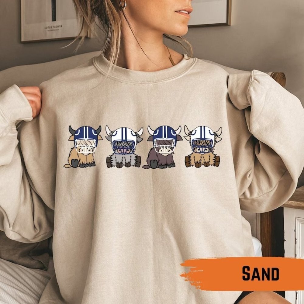 Indianapolis Highland Cow Football Funny Graphic Sweatshirt - Picture 1 of 4